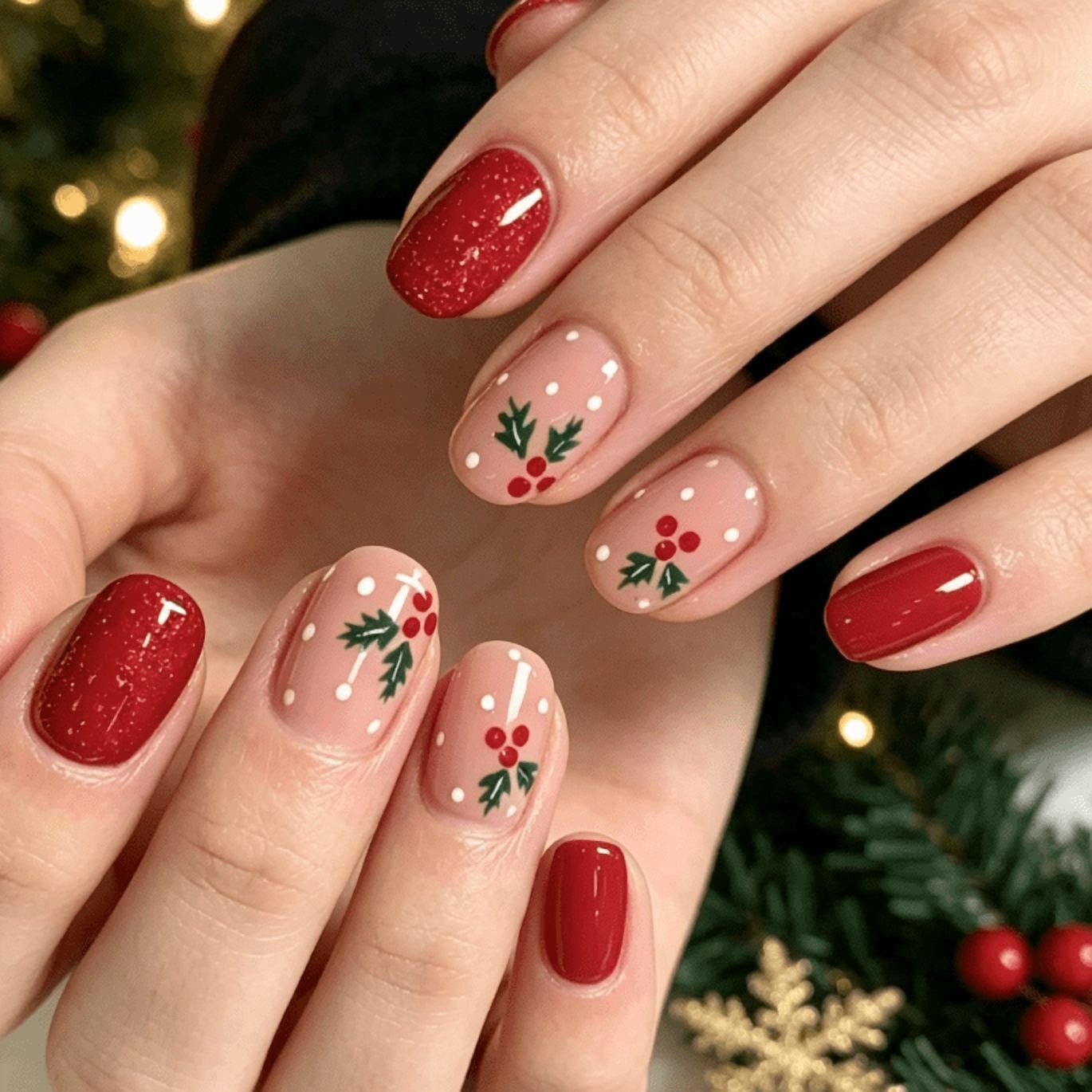 Holly Berry Motifs Polka Dots Visual Idea Holly Berry Motifs Polka Dots Visual Idea — Medium Christmas Nails 2026