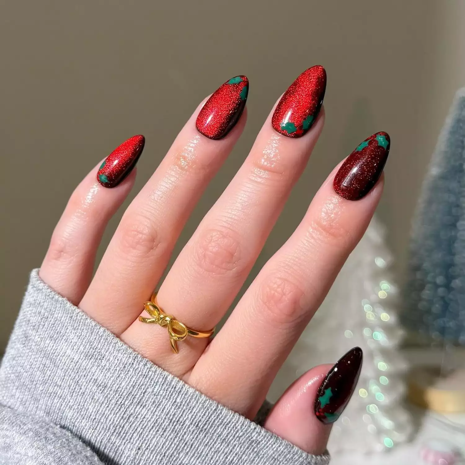 Elegant Deep Red and Forest Green with Gold Accents Elegant Deep Red and Forest Green with Gold Accents — Red and Gold Christmas Nails 2026