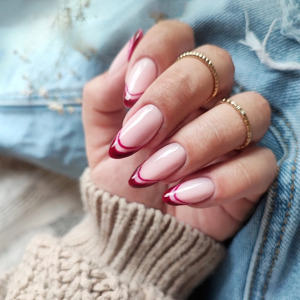 Sheer Pink Double French Tip Almonds Sheer Pink Double French Tip Almonds — Short Winter Almond Nails