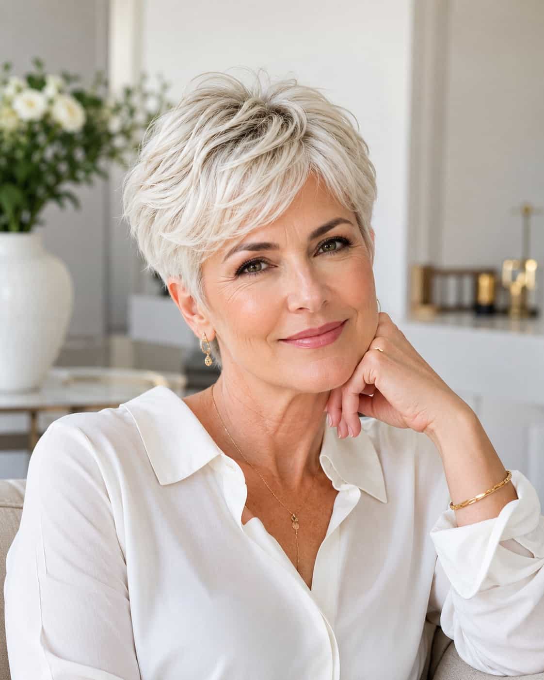Platinum Blonde Textured Pixie Platinum Blonde Textured Pixie — Winter Haircuts for Women Over 60