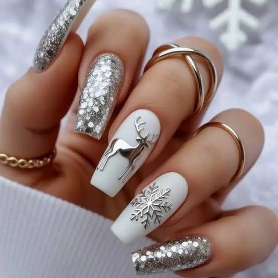 Reindeer And Snowflake Motifs In Silver Visual Idea Reindeer And Snowflake Motifs In Silver Visual Idea — Christmas Nail Trends 2026