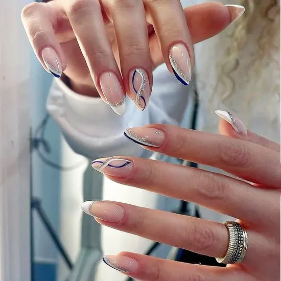 Nude French With Blue Silver Lines Nude French With Blue Silver Lines — Medium Winter Almond Nails