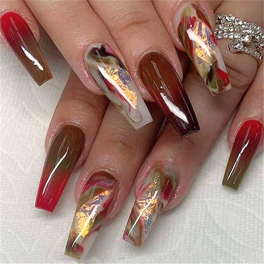 Marbled Effect With Gold Foil Accents Visual Idea — Long Winter Coffin Nails