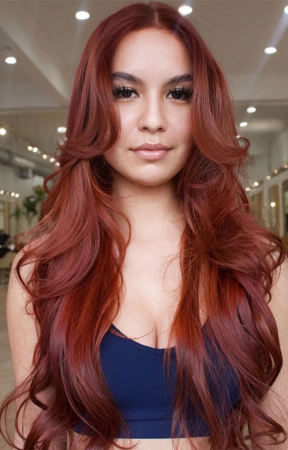 Long Layers Mid-Back Voluminous Waves Deep Auburn Long Layers Mid-Back Voluminous Waves Deep Auburn — Winter Auburn Hair Color