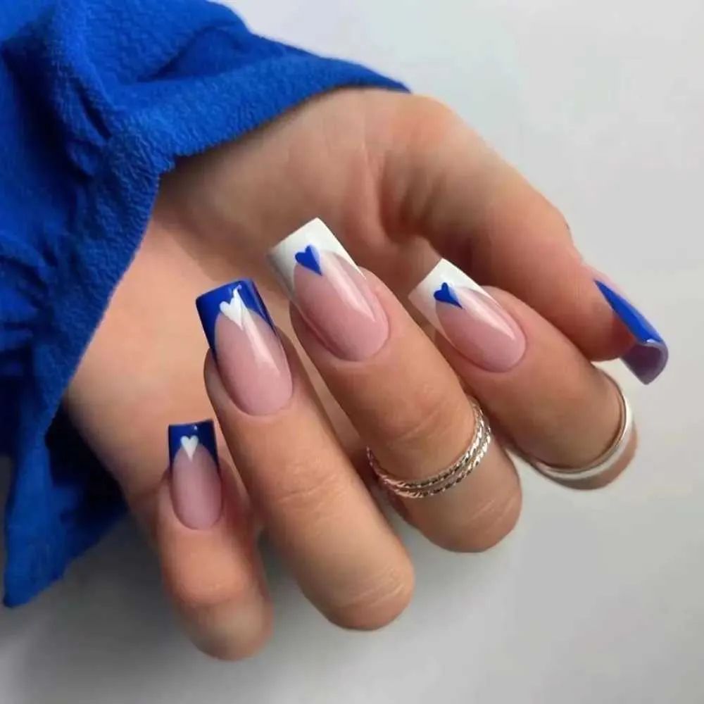 Blue French Tips with Heart Accents Blue French Tips with Heart Accents — Short Winter Coffin Nails