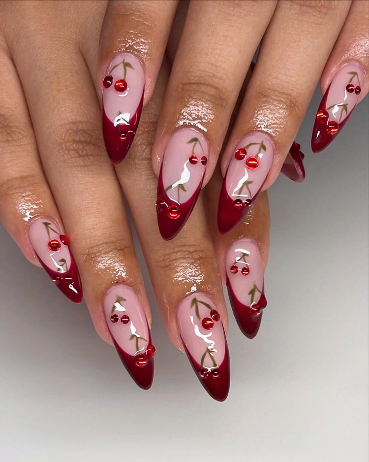 Glossy Cherry Motif Long Stiletto French Nails Glossy Cherry Motif Long Stiletto French Nails — Black Cherry Nails