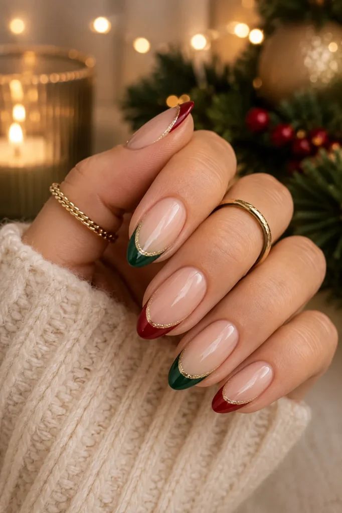 Nude Almond with Dual-Tone French Tips Nude Almond with Dual-Tone French Tips — Long Christmas Nails 2026