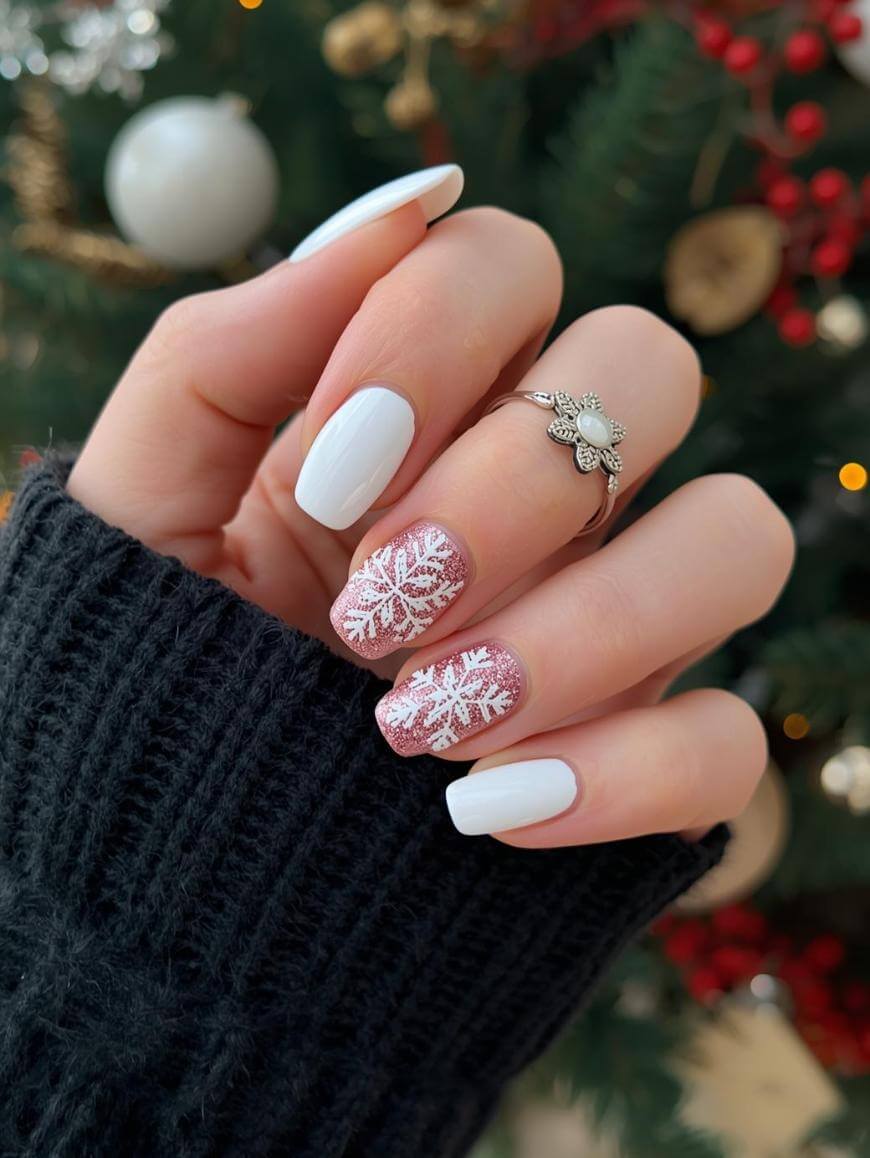 Short Square Matte White Rose Gold Glitter Snowflakes Short Square Matte White Rose Gold Glitter Snowflakes — Subtle Christmas Nails 2026