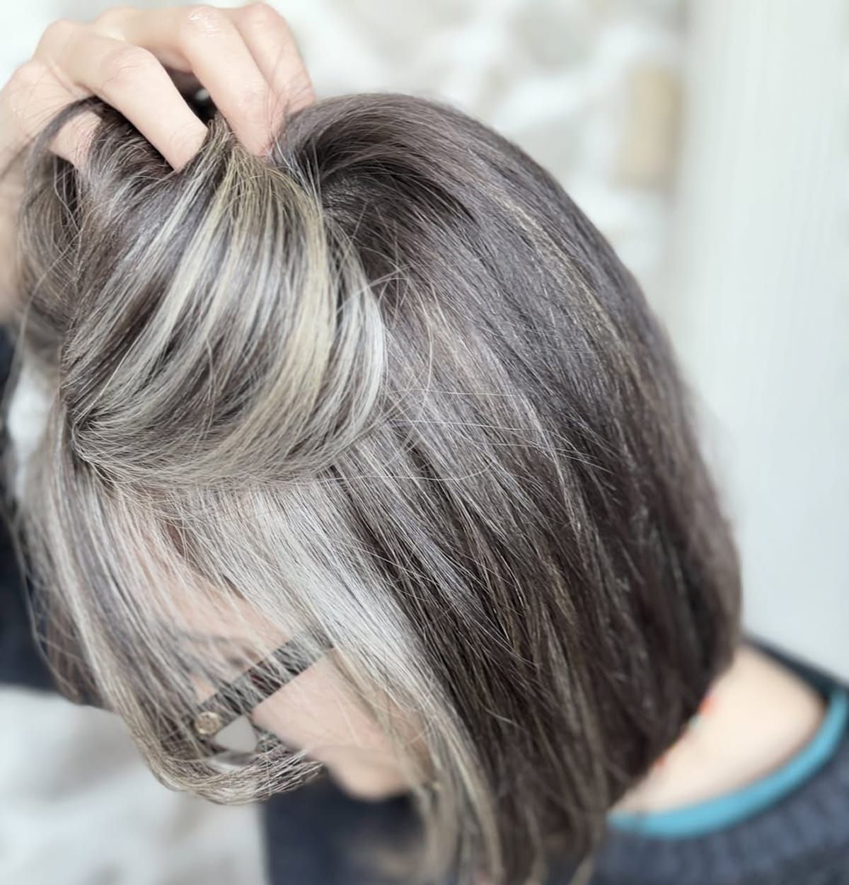 Shoulder Lob With Straight Bangs and Gray Blend Shoulder Lob With Straight Bangs and Gray Blend — Gray Blending Highlights