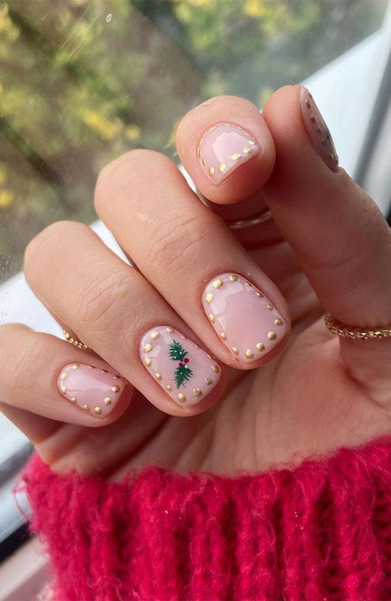 Sheer Pink with Gold Cuticle Dots and Tree Sheer Pink with Gold Cuticle Dots and Tree — Short Christmas Nails 2026
