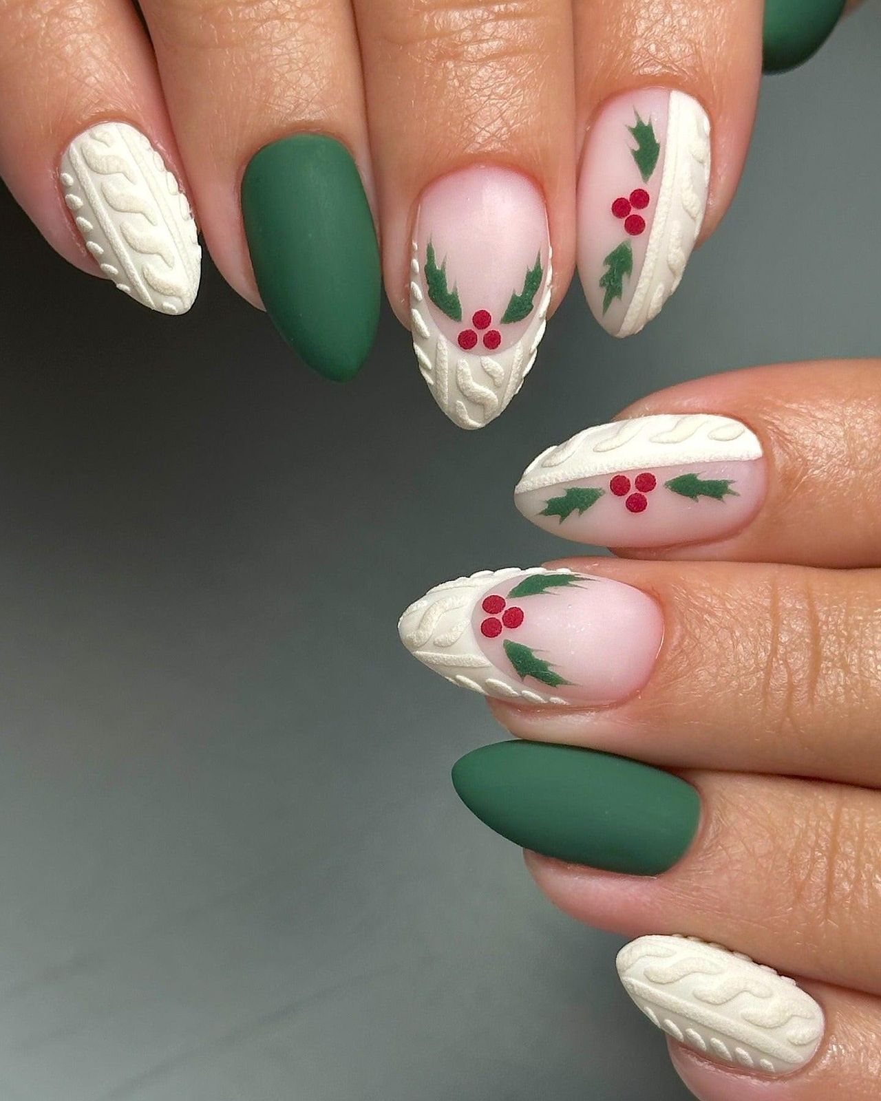 Matte Green with Cable Knit Texture — Green Christmas Nails 2026