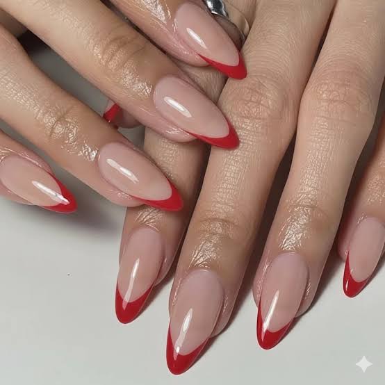 Long Almond Classic Red French Nails Long Almond Classic Red French Nails — Cherry Red Christmas Nails 2026