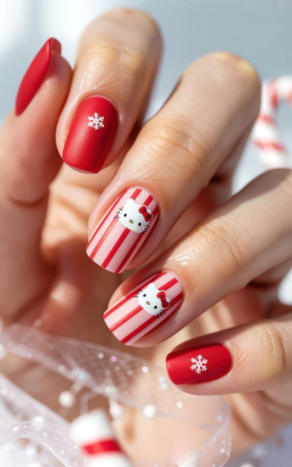 Matte On Red Satin On Striped Visual Idea — Hello Kitty Christmas Nails 2026