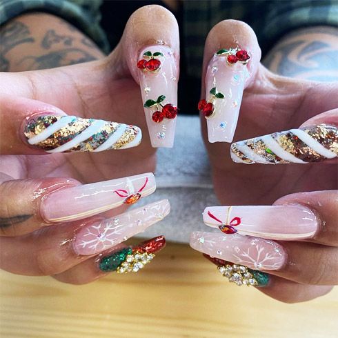 Square Nails with Cherry Charms and Candy Canes Square Nails with Cherry Charms and Candy Canes — Long Christmas Nails 2026