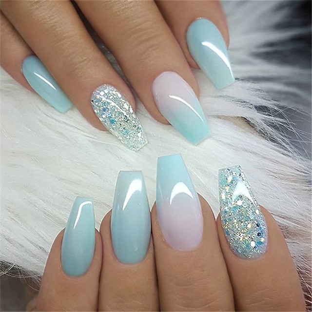 Glitter Ombr On Accent Nails Visual Idea — Long Winter Coffin Nails
