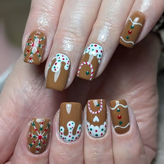Short Square Glossy Gingerbread House Nails Short Square Glossy Gingerbread House Nails — Christmas Square Nails 2026