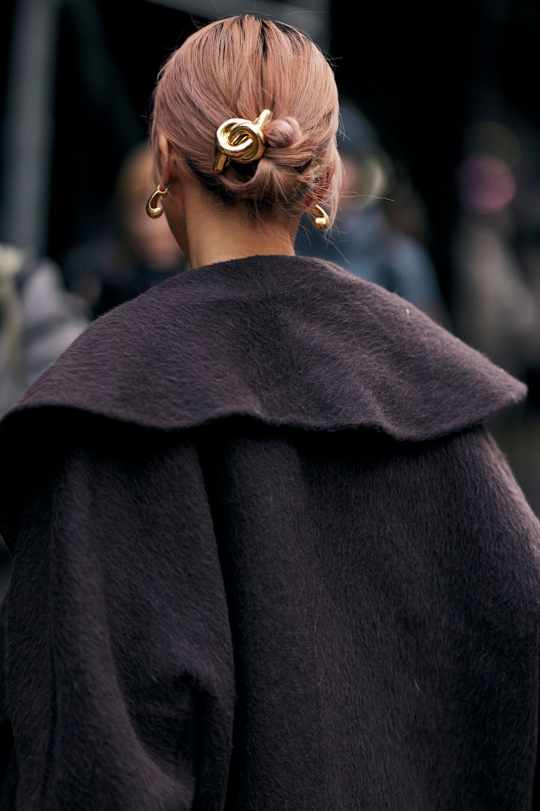 Rose Gold Low Bun With Gold Accessory Rose Gold Low Bun With Gold Accessory — Winter Hairstyles for Long Hair