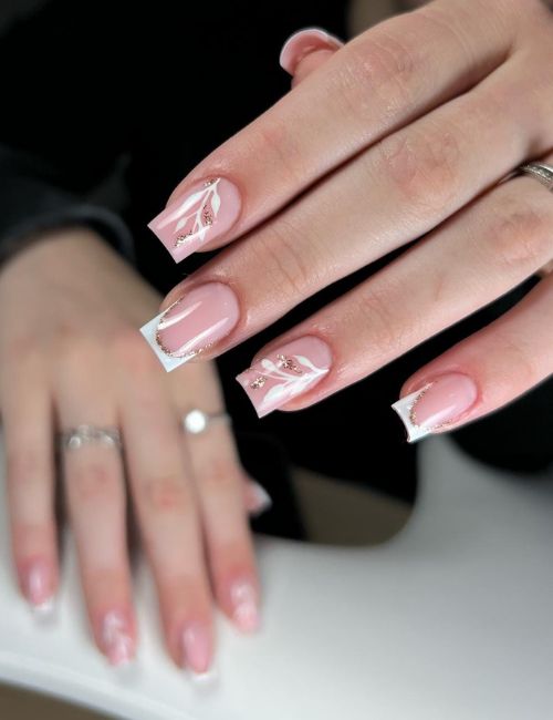 Short Square Floral Glitter Nails Short Square Floral Glitter Nails — Winter Wedding Nails