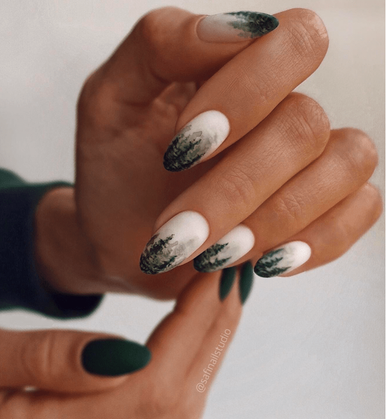 Matte & Glossy Forest Landscape Oval Nails Matte & Glossy Forest Landscape Oval Nails — Cozy Winter Nails