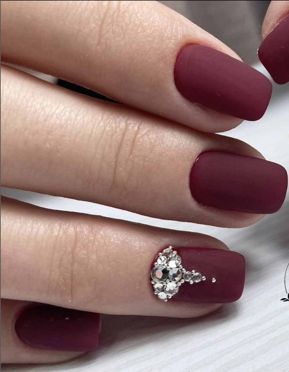 Burgundy Matte with Rhinestone Accent Burgundy Matte with Rhinestone Accent — Winter Matte Nails