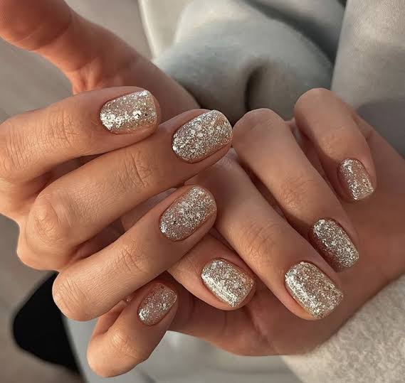 Dense Silver Glitter Short Square Nails Dense Silver Glitter Short Square Nails — Sparkly New Years Nails 2027