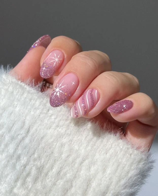 Pink Gradient Glitter with Snowflakes Pink Gradient Glitter with Snowflakes — Christmas Nails 2026