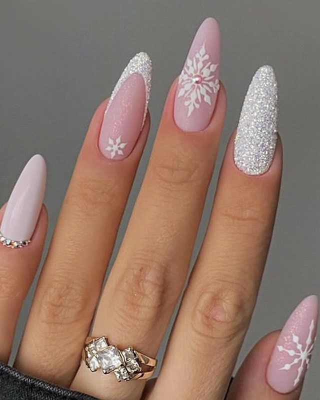 Pale Pink Glitter French Snowflake Almonds Pale Pink Glitter French Snowflake Almonds — Christmas Almond Nails 2026