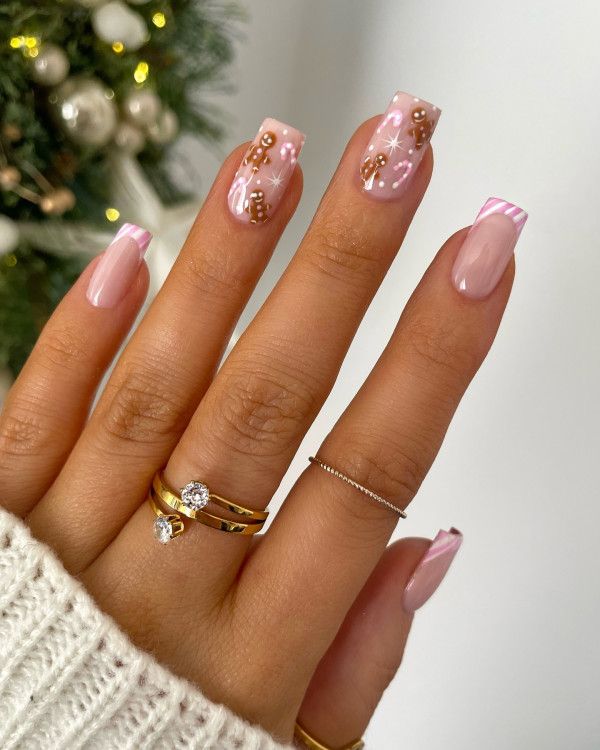 Nude Pink Gingerbread Man French Tip Nails Nude Pink Gingerbread Man French Tip Nails — Cute Christmas Nails 2026