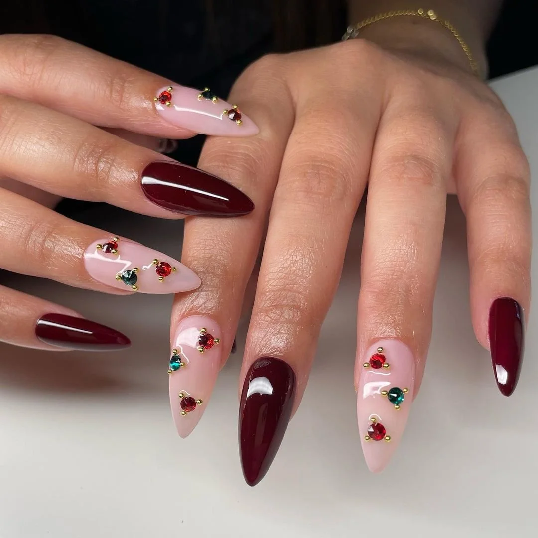 Nude Base Burgundy Glitter French Tips with Snowflake Nude Base Burgundy Glitter French Tips with Snowflake — Burgundy Christmas Nails 2026