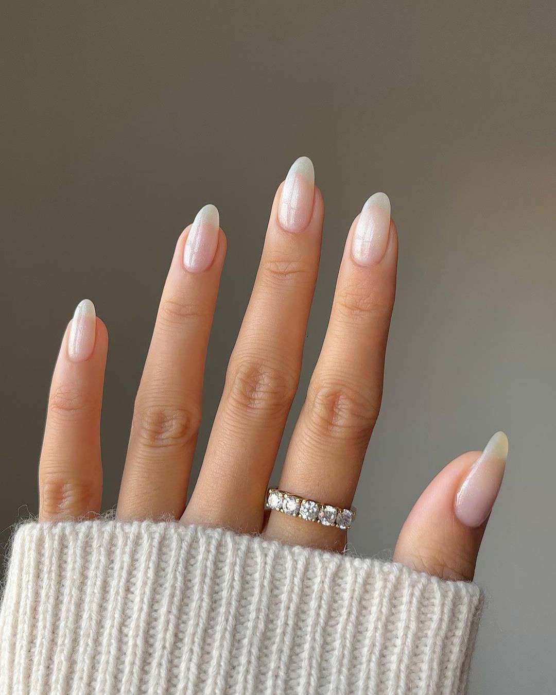 Long Almond Sheer Milky Gradient Shimmer — Winter Champagne Nails