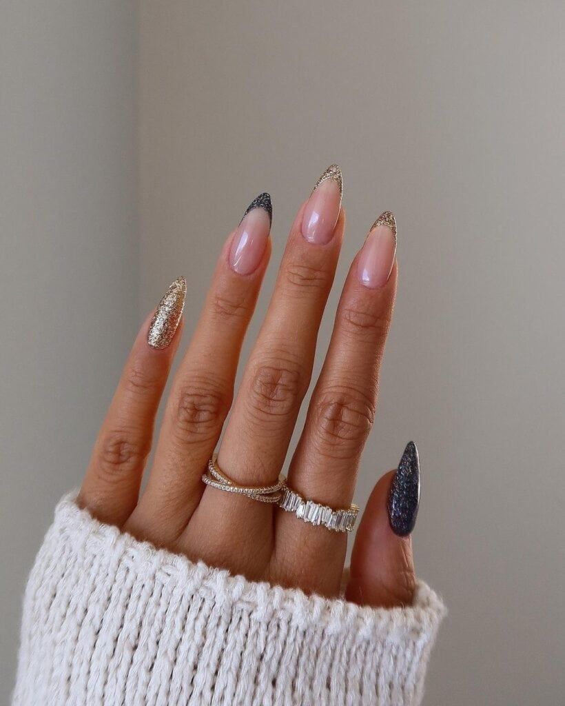 Sparkling Gold Glitter French Almond Nails — New Years Almond Nails 2027