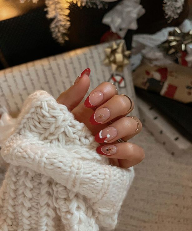 Festive Red French Tip Accents Festive Red French Tip Accents — Short Christmas Almond Nails 2026