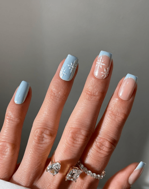 Light Blue French with Snowflake Tips Light Blue French with Snowflake Tips — Winter Birthday Nails