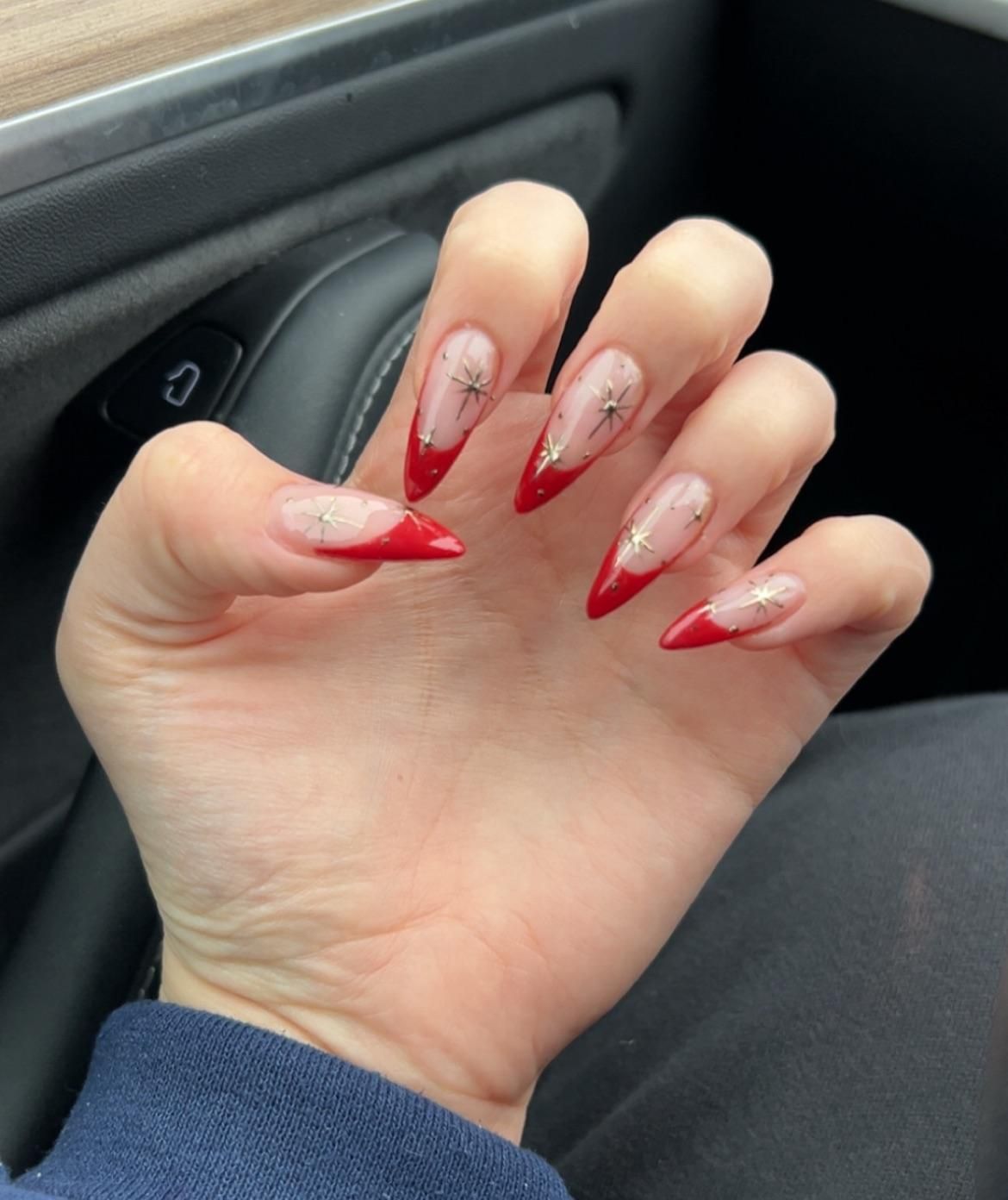 Red French Tip Gold Star Stiletto Nails Red French Tip Gold Star Stiletto Nails — Medium Christmas Nails 2026