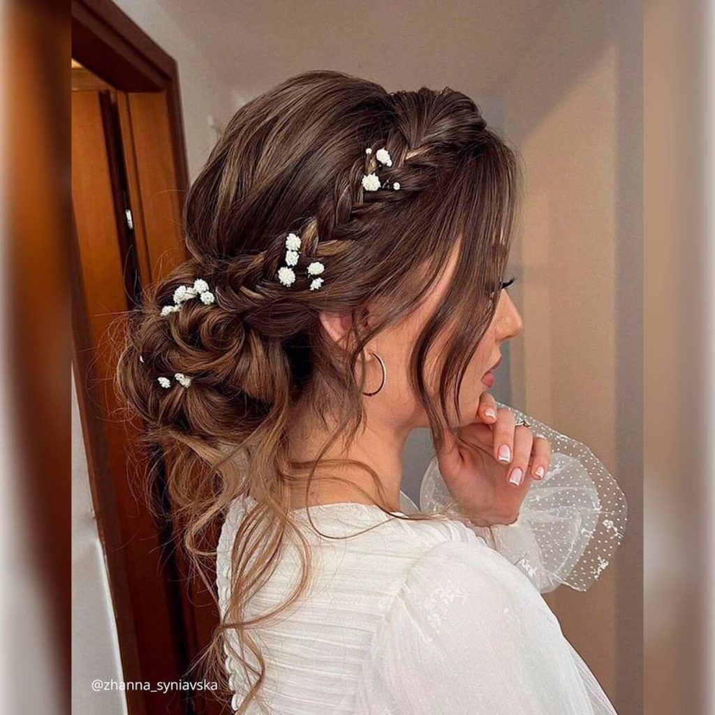 Brown Updo With Curls & Floral Accents Brown Updo With Curls & Floral Accents — Winter Formal Hairstyles
