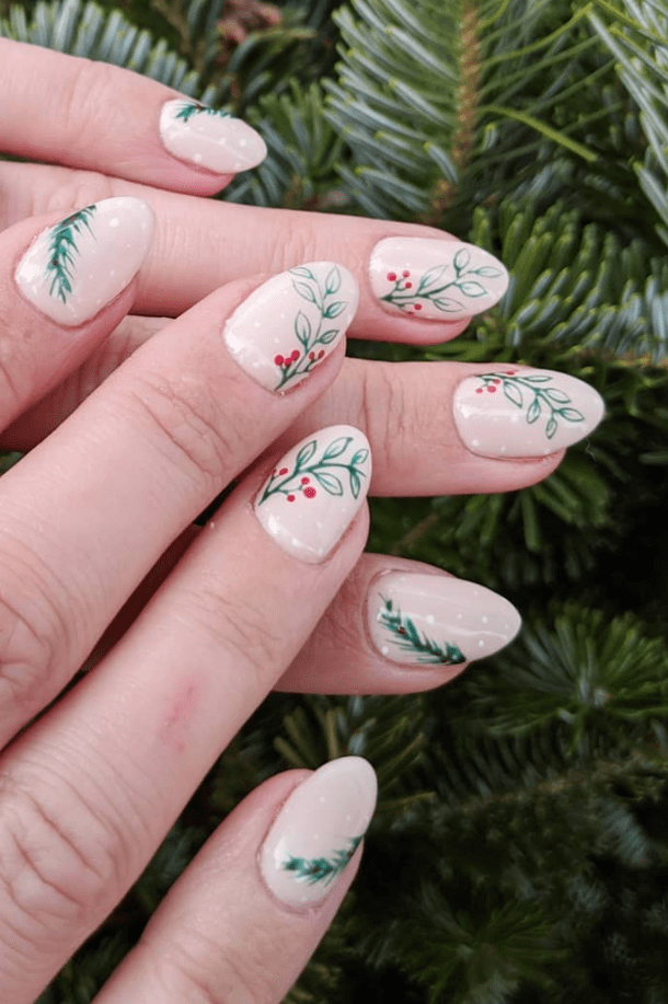 Pale Nude Christmas Foliage And Berry Nails Pale Nude Christmas Foliage And Berry Nails — Christmas Gel X Nails 2026