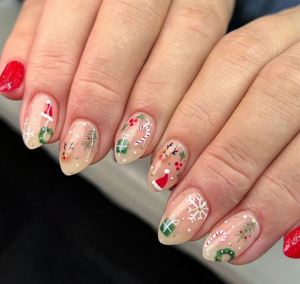 Mixed Christmas Motifs on Nude Mixed Christmas Motifs on Nude — Christmas Nail Art 2026