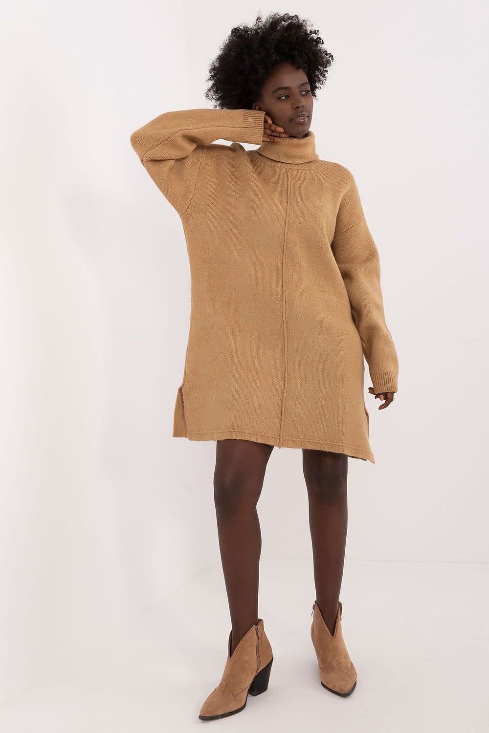 Tan Knit Turtleneck Sweater Dress with Side Slits Tan Knit Turtleneck Sweater Dress with Side Slits — Modest Winter Outfits