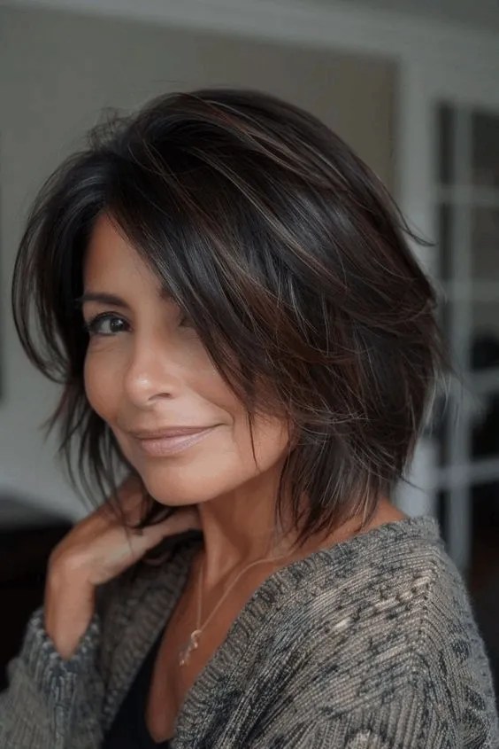 Tousled Dark Shag With Face-Framing Bangs Tousled Dark Shag With Face-Framing Bangs — Winter Haircuts for Women Over 50