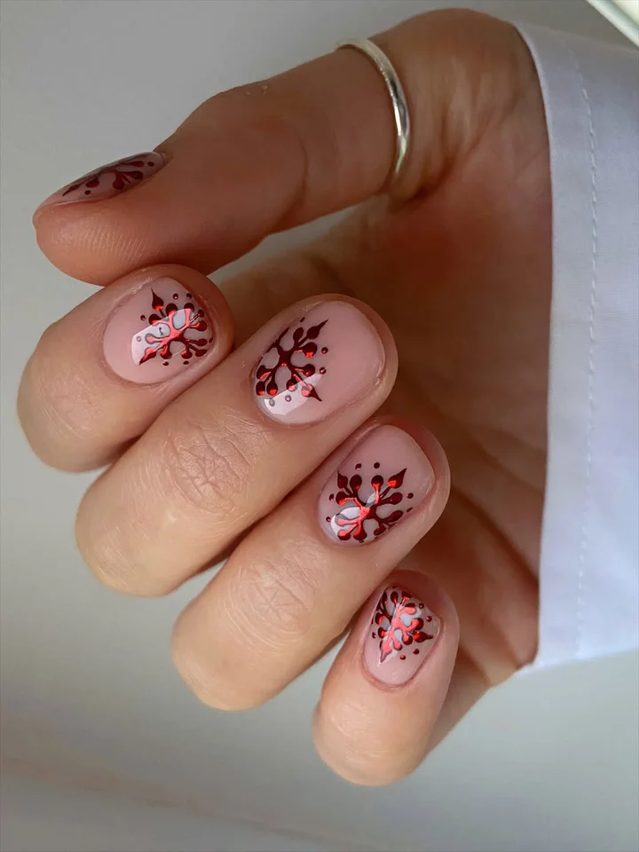 Red Snowflake Foil Short Almonds Red Snowflake Foil Short Almonds — Wine Christmas Nails 2026