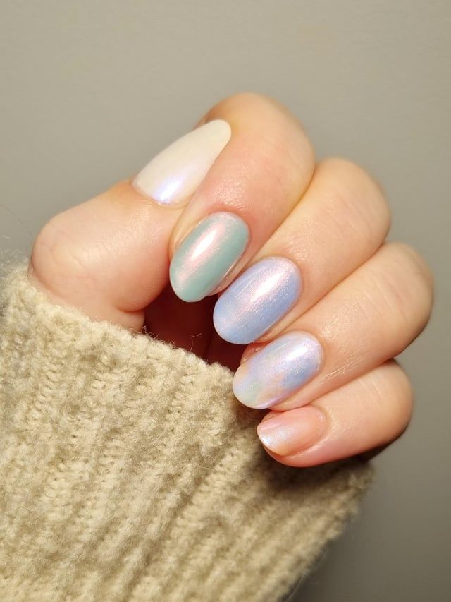 Pale Blue Mint Pink Iridescent Nails Pale Blue Mint Pink Iridescent Nails — Winter Pearl Nails