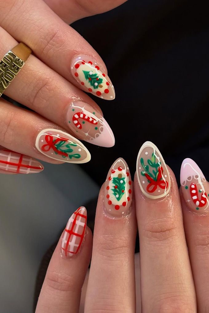Medium Almond Christmas Motif Nails Medium Almond Christmas Motif Nails — Red Christmas Nails 2026