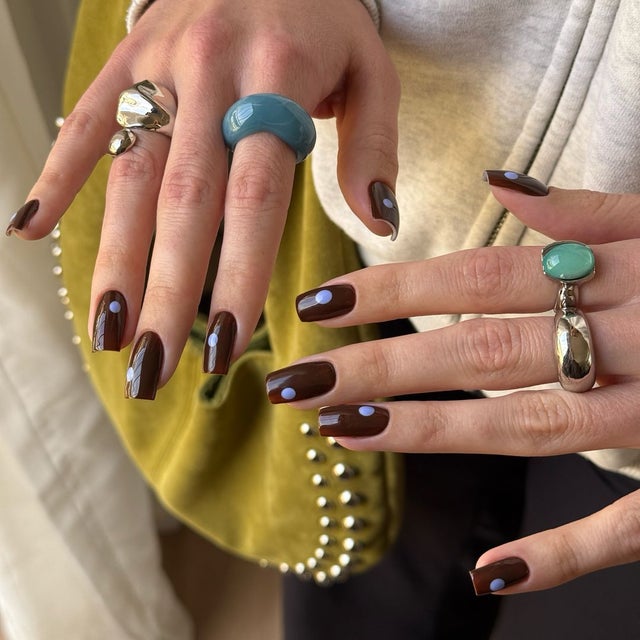 Medium Square Deep Brown with Blue Dots Accent Medium Square Deep Brown with Blue Dots Accent — Fall to Winter Nails
