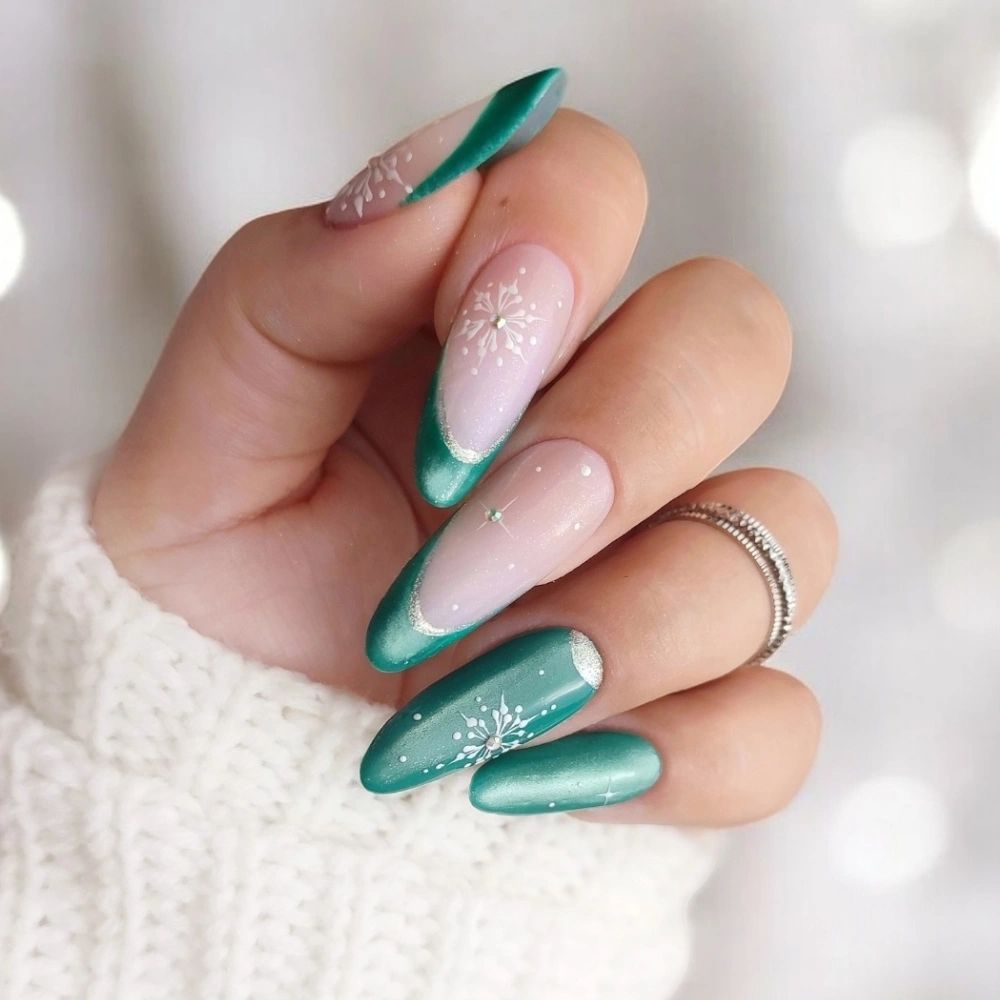 Teal French Tip Snowflake Art Teal French Tip Snowflake Art — Sparkly Winter Nails
