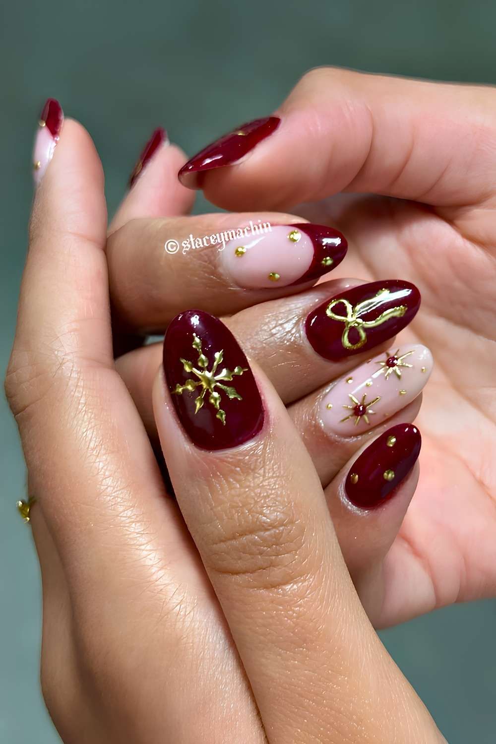 Gold Snowflake French Oval Nails Gold Snowflake French Oval Nails — Classy Christmas Nails 2026