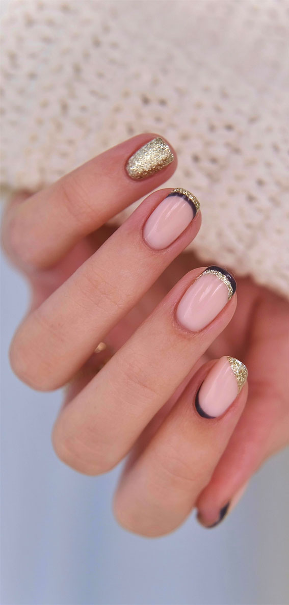 Navy French Tips with Gold Glitter — Classy New Years Nails 2027