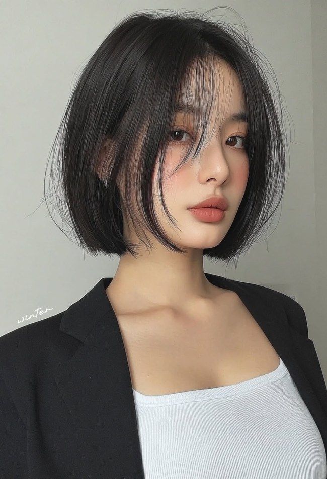 Midnight Black Korean Blunt Bob with Face-Framing Layers | Sharp Jawline Effect for Oval Faces