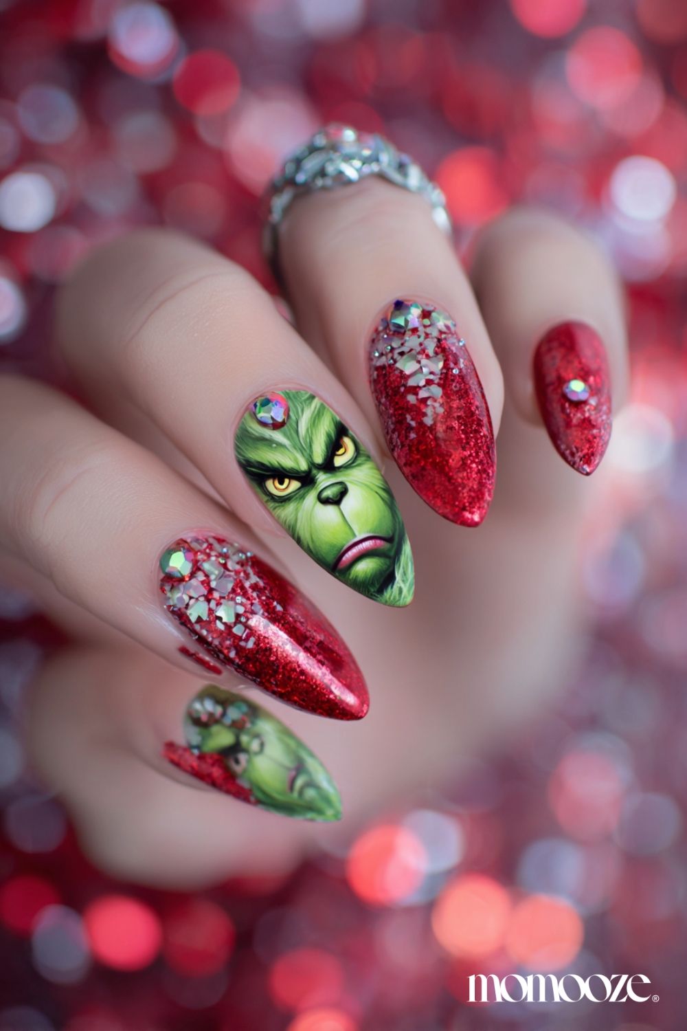 Red Glitter Rhinestone Grinch Almond Nails Red Glitter Rhinestone Grinch Almond Nails — Grinch Nails 2026