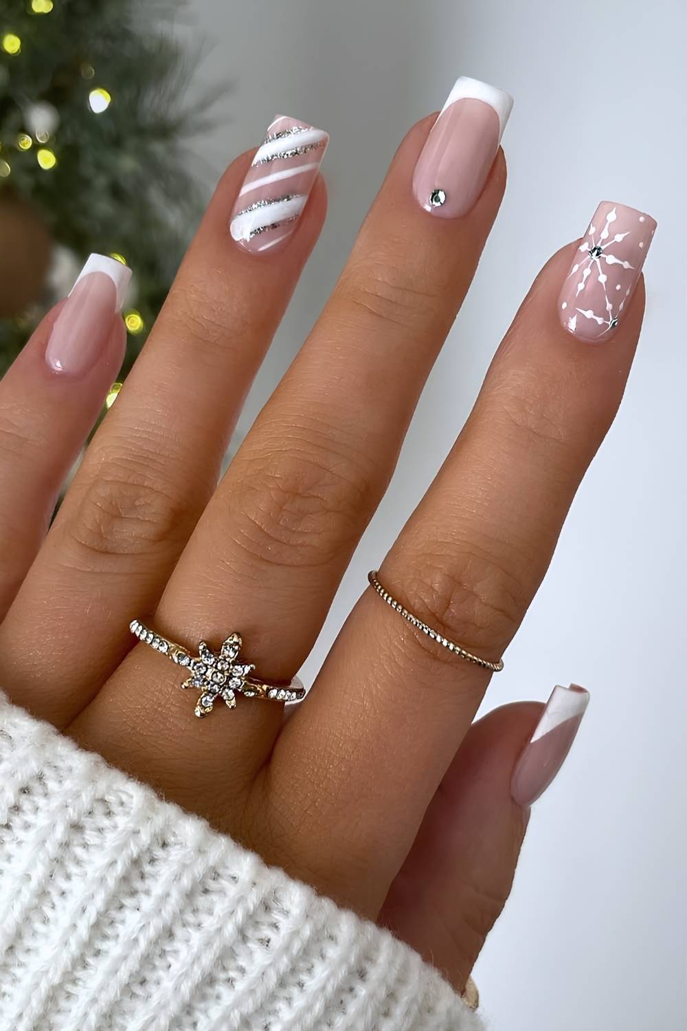 Snowflake Stripe French Square Nails Snowflake Stripe French Square Nails — Holiday Nails 2026