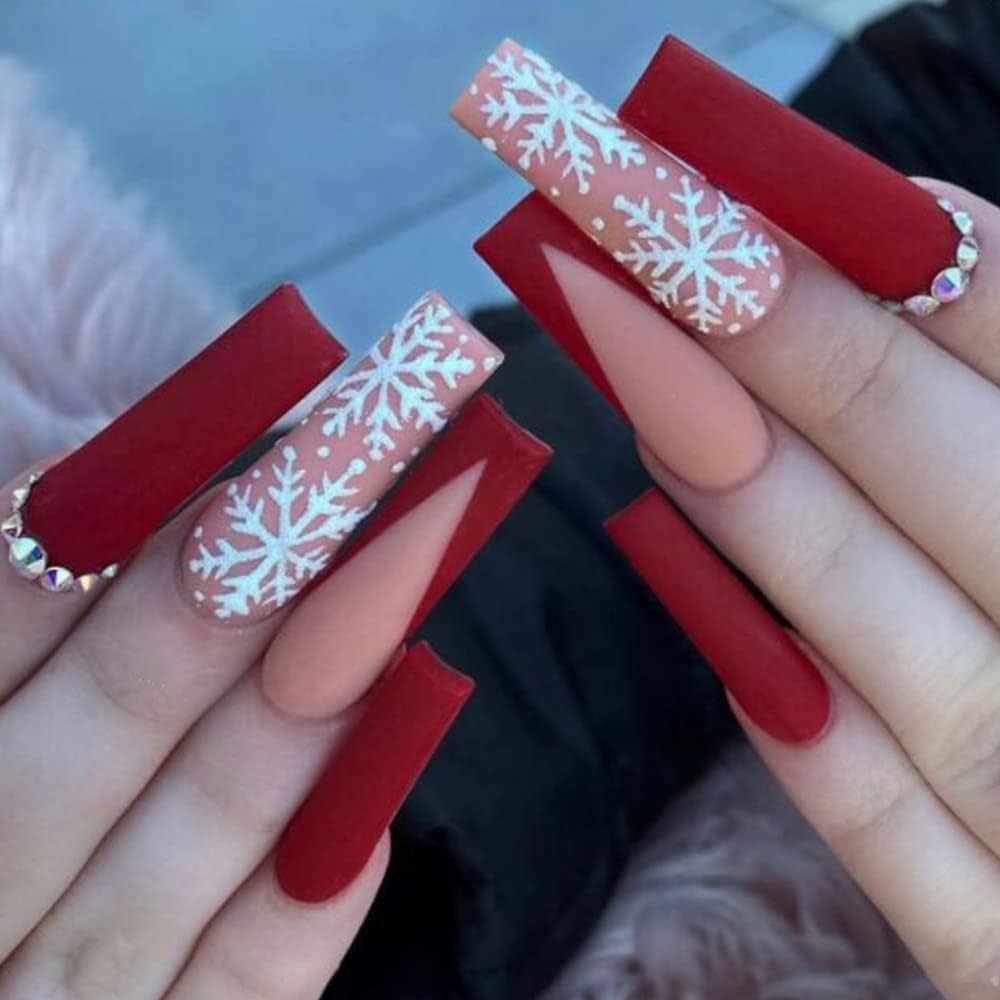 Matte Deep Red Square Snowflakes Matte Deep Red Square Snowflakes — Long Christmas Nails 2026